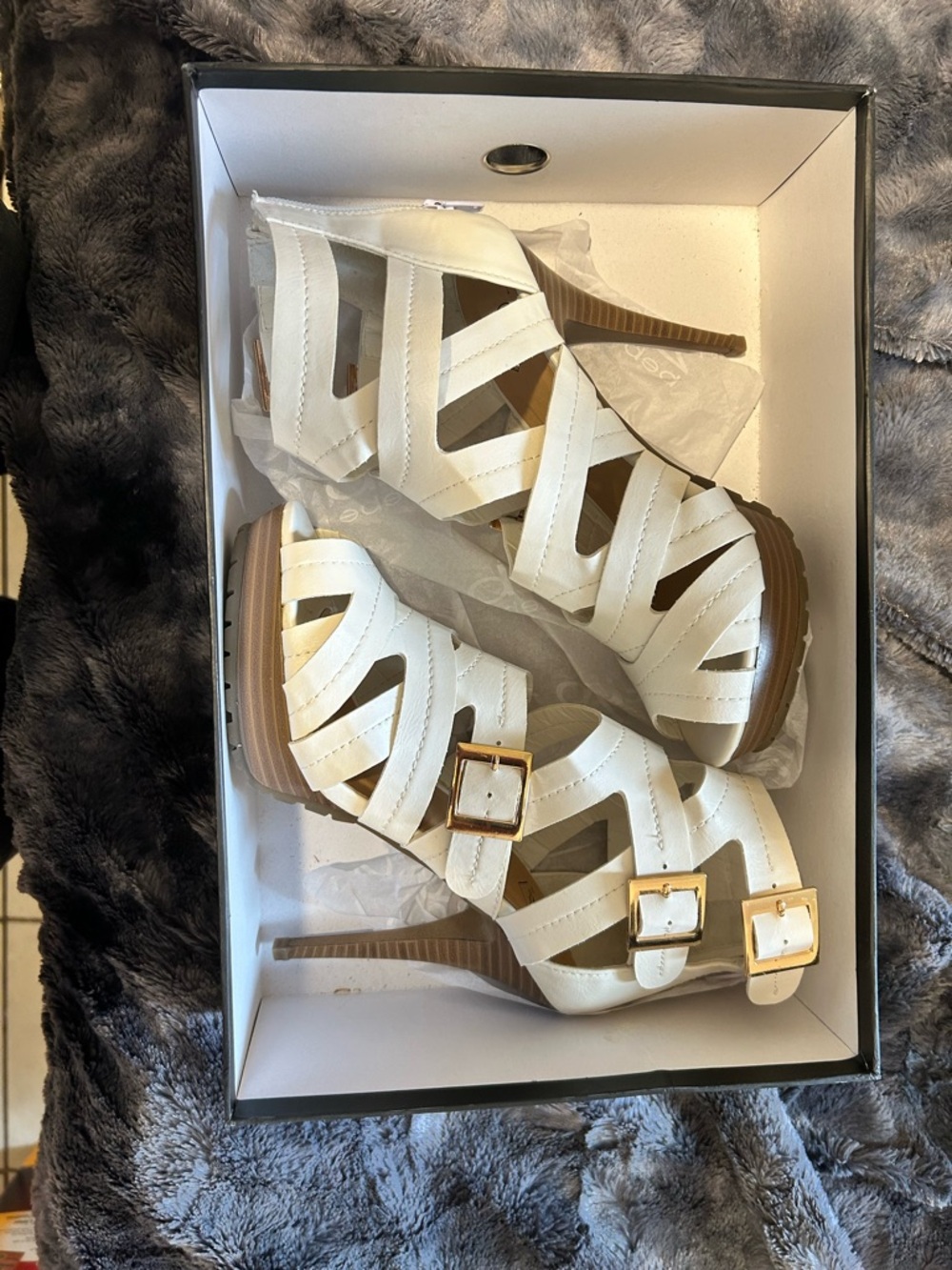 2B Bebe White Cutout Strappy Heels with Gold Buckles